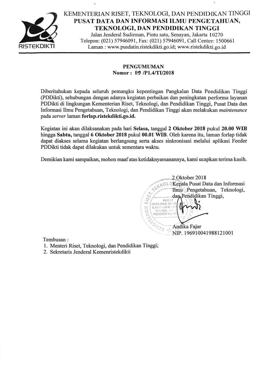 Maintenance Server Laman Forlap (2 Oktober - 6 Oktober 2018)