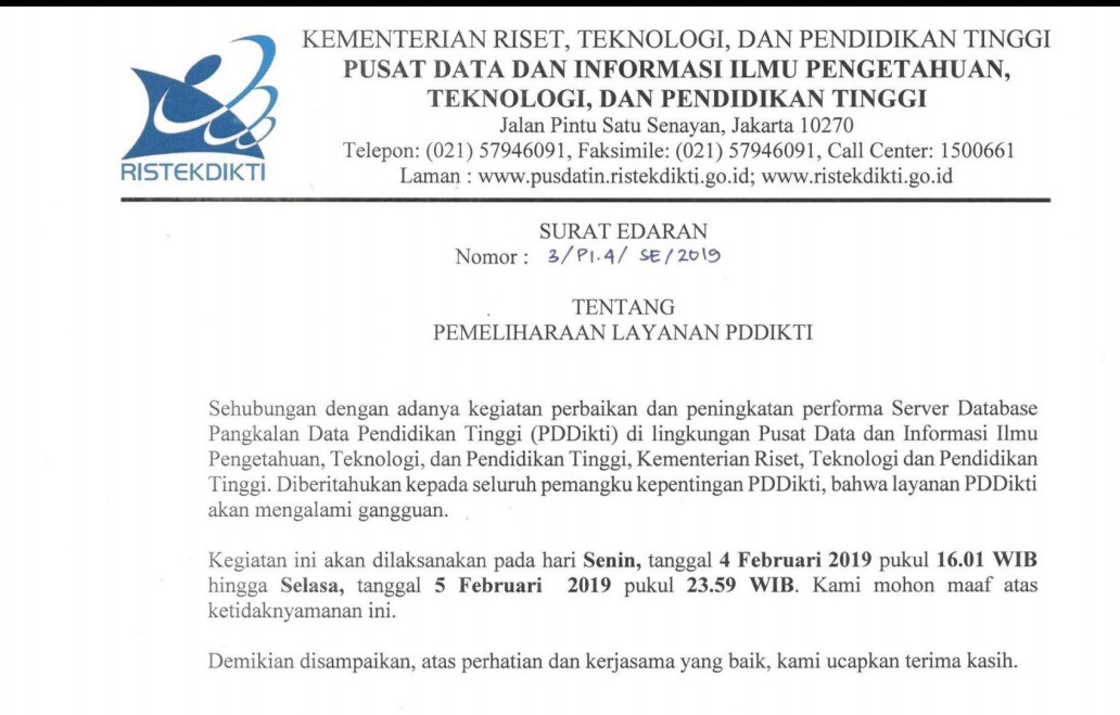 Surat Edaran - Pemeliharaan Layanan PDDikti