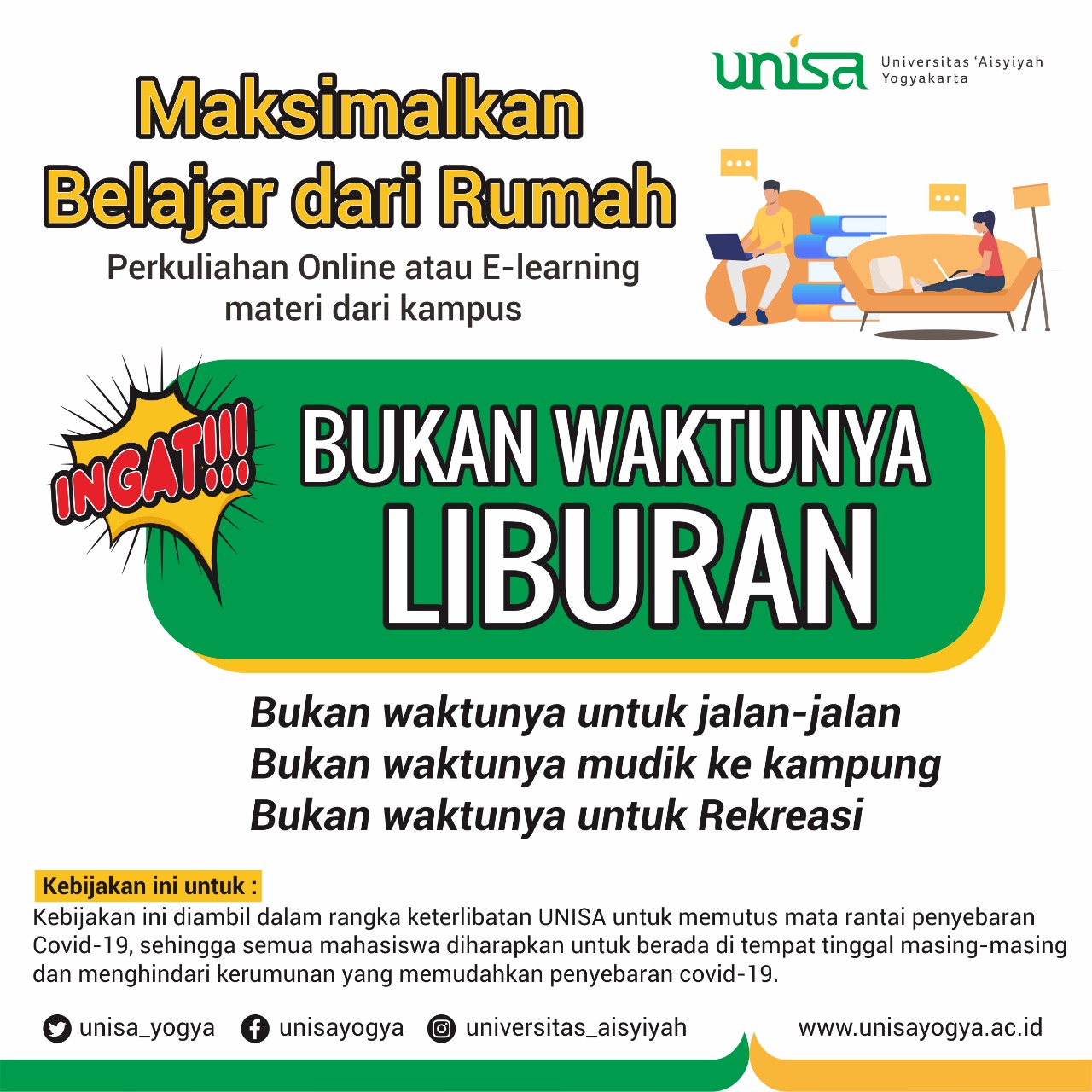UNISA Yogyakarta Himbau Mahasiswa Untuk Tetap di Rumah dan mengikuti Kuliah Jarak Jauh