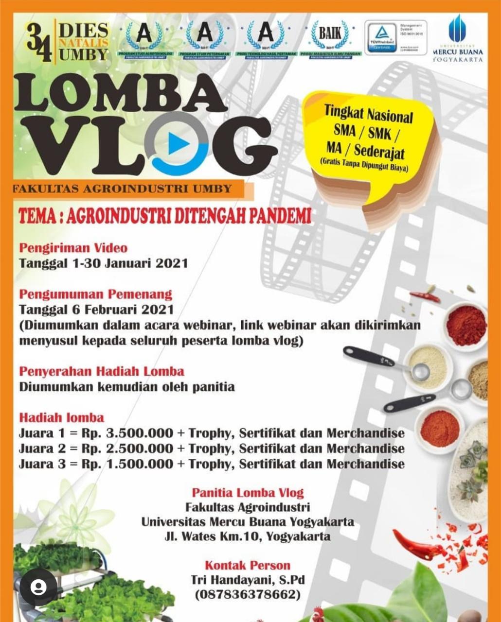 Fakultas Agroindustri UMBY Selenggarakan Lomba Vlog Antar SMA/SMK/MA/MAK Tingkat Nasional
