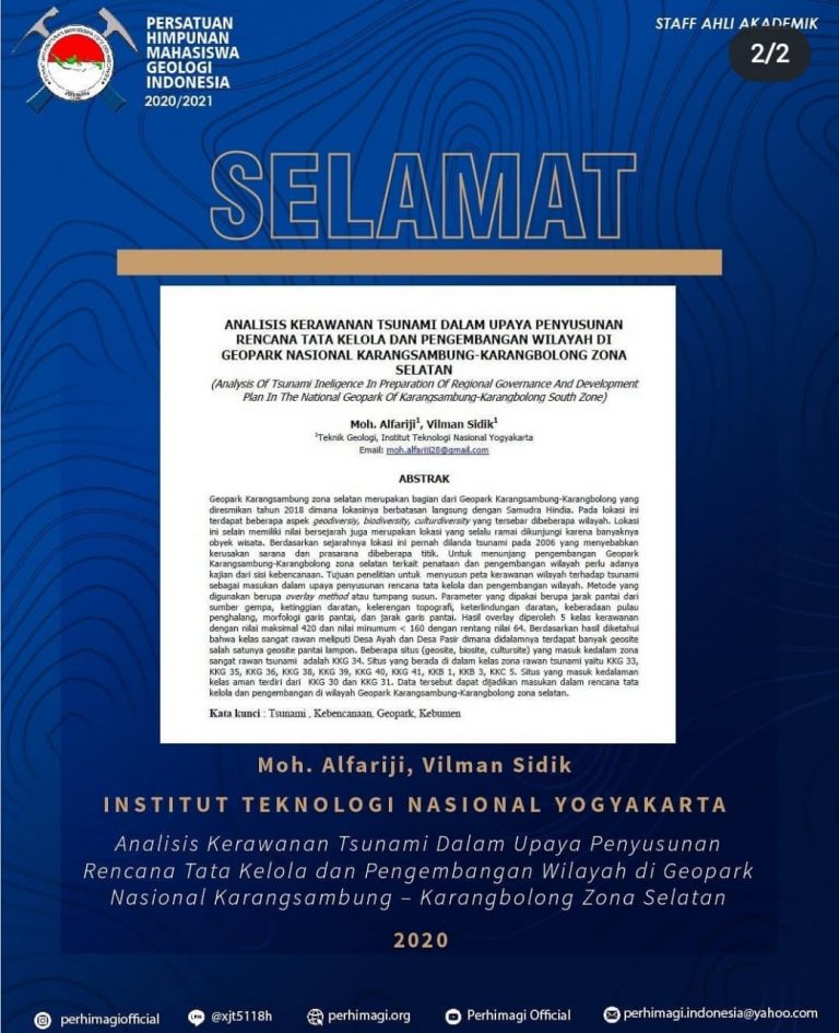 Mahasiswa Geologi ITNY kembali berprestasi ditengah pandemi