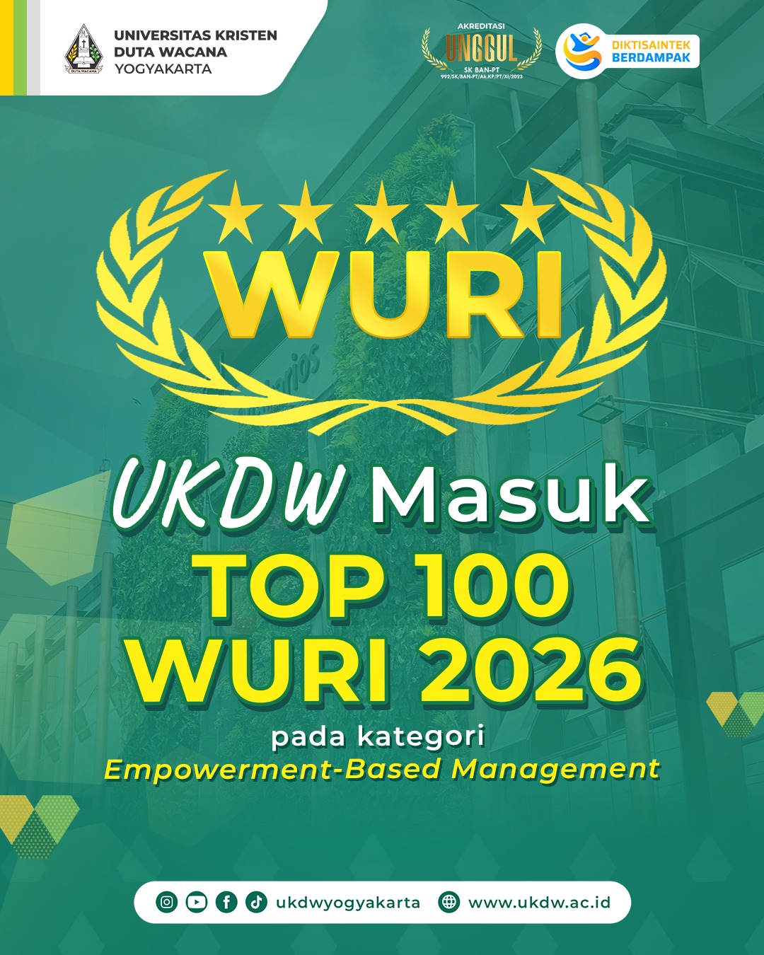 UKDW Masuk Top 100 WURI 2026, Tegaskan Komitmen sebagai Kampus Berdampak
